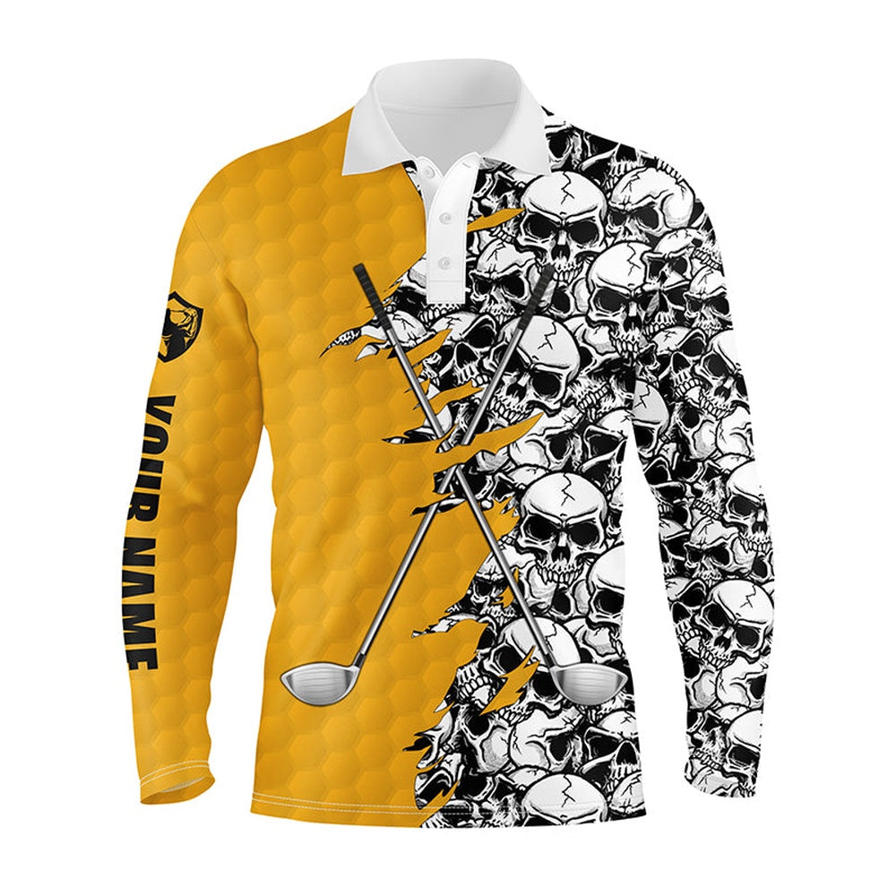 Golf Polo shirts, Mens Long Sleeve Golf Tops Polo Yellow Pattern Skull Golf Clubs Custom Name Golf Performance Shirts