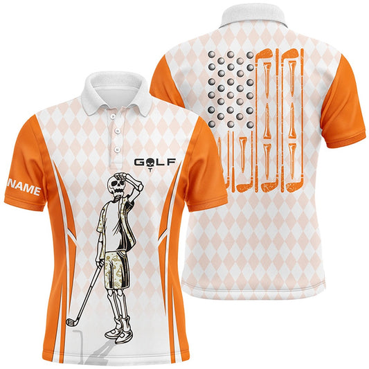 Golf Polo shirts, Mens Orange Argyle American Flag Patriotic Golf Polo Shirts Custom Skull Golf Shirts For Men