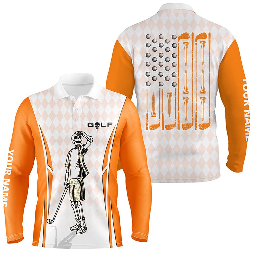 Golf Polo shirts, Mens Orange Argyle American Flag Patriotic Golf Polo Shirts Custom Skull Golf Shirts For Men
