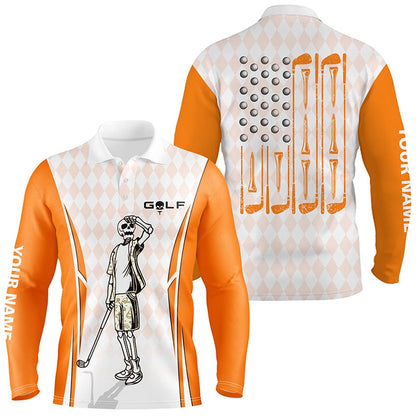 Golf Polo shirts, Mens Orange Argyle American Flag Patriotic Golf Polo Shirts Custom Skull Golf Shirts For Men
