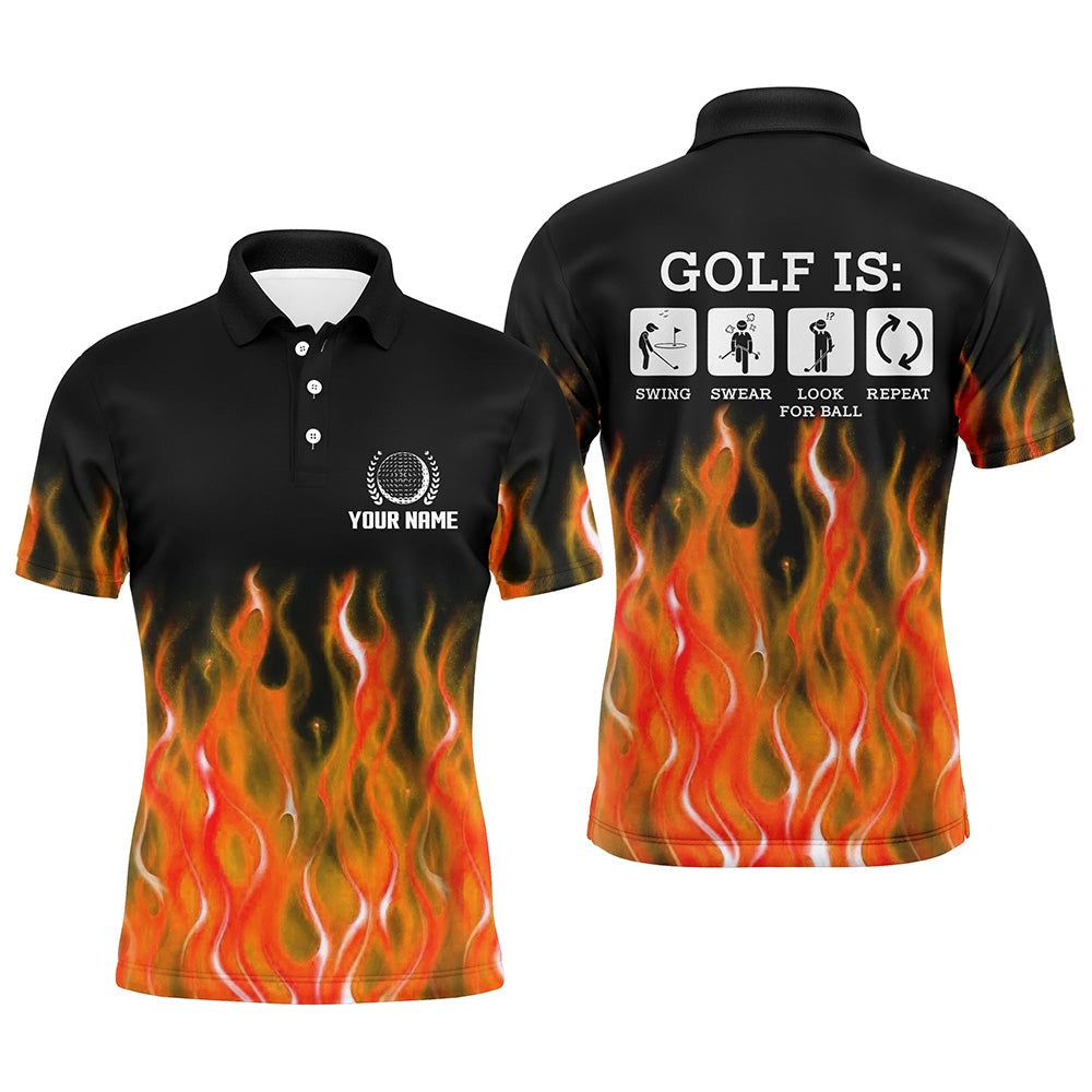 Golf Polo shirts, Mens Orange Flame Golf Polo Shirts, Personalized Fire Golf Shirts For Men, Best Golfing Gifts