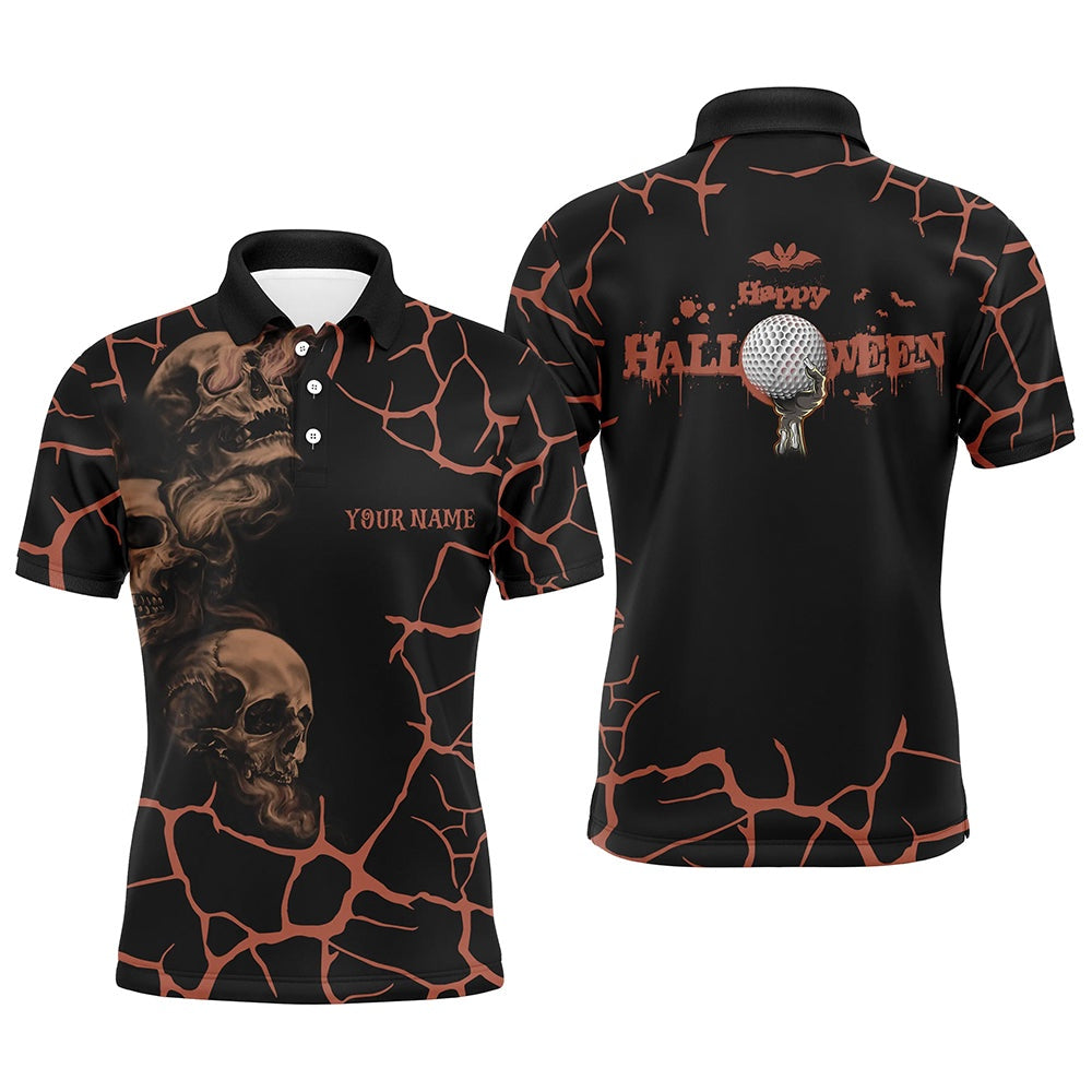 Golf Polo shirts, Mens Orange Happy Halloween Skull Golf Polo Shirts Spooky Halloween Golf Gift Idea For Men