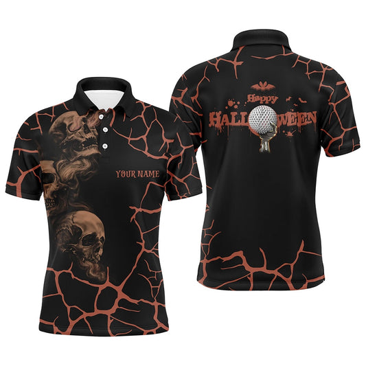 Golf Polo shirts, Mens Orange Happy Halloween Skull Golf Polo Shirts Spooky Halloween Golf Gift Idea For Men
