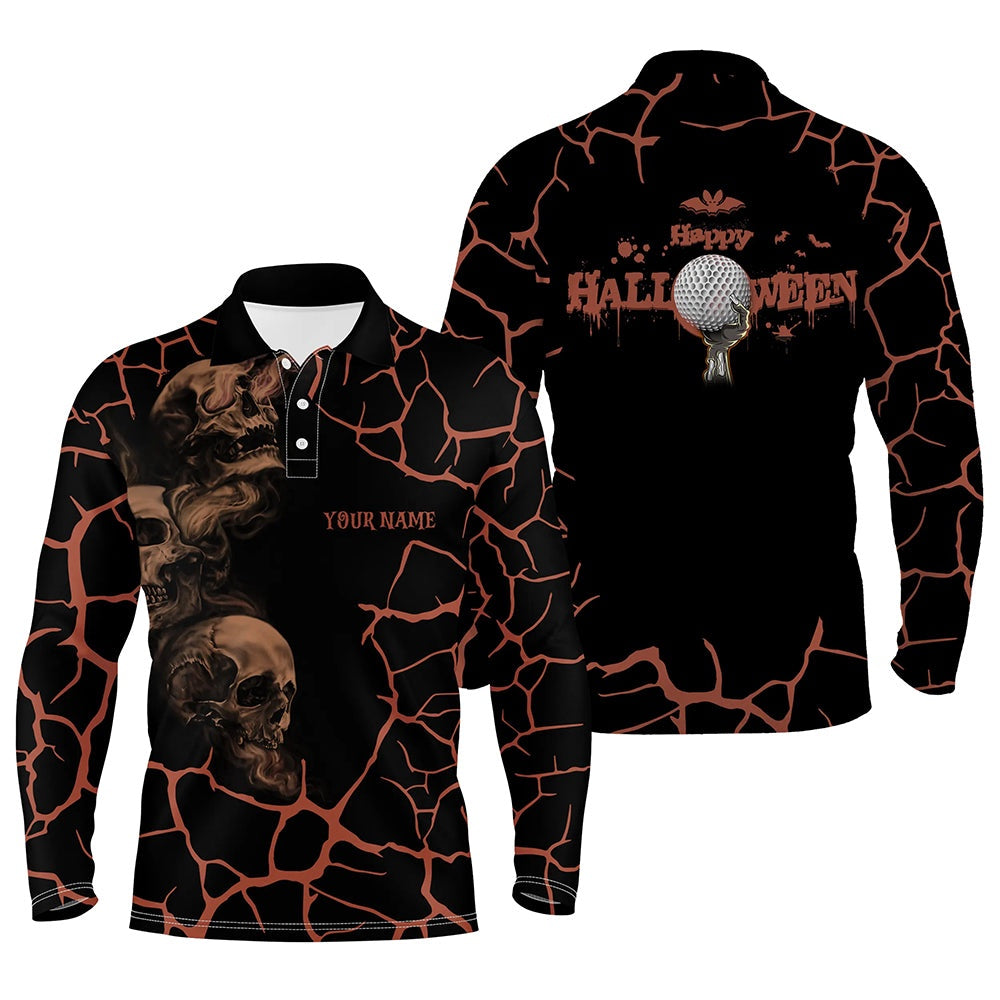 Golf Polo shirts, Mens Orange Happy Halloween Skull Golf Polo Shirts Spooky Halloween Golf Gift Idea For Men