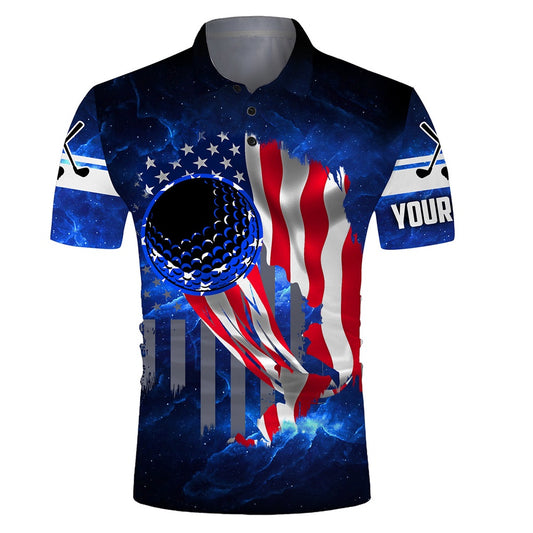Golf Polo shirts, Mens Patriot Golf Polos Golf Ball Blue Galaxy Universe American Flag, Custom Gifts For Golf Lovers
