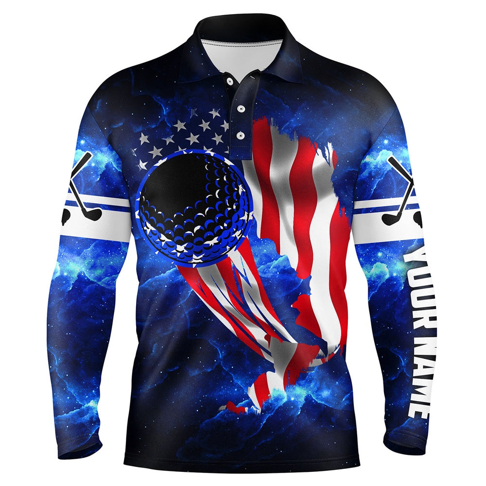 Golf Polo shirts, Mens Patriot Golf Polos Golf Ball Blue Galaxy Universe American Flag, Custom Gifts For Golf Lovers
