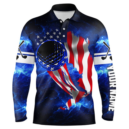 Golf Polo shirts, Mens Patriot Golf Polos Golf Ball Blue Galaxy Universe American Flag, Custom Gifts For Golf Lovers