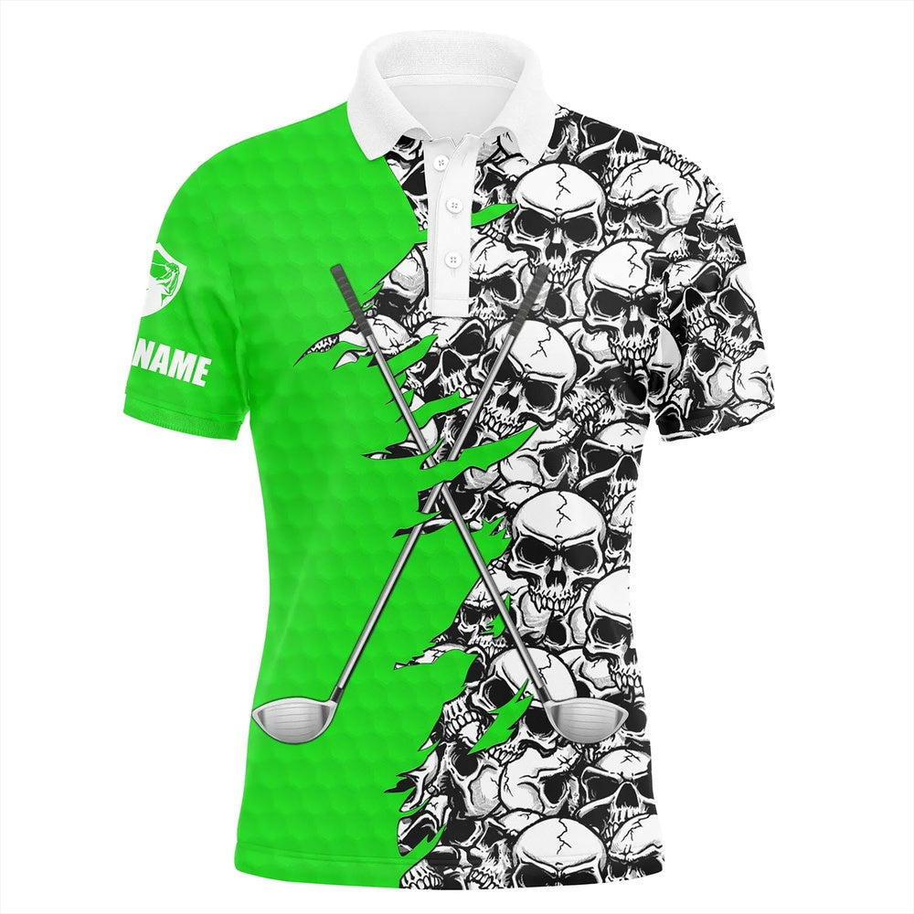 Golf Polo shirts, Mens Short Long Sleeve Golf Tops Polo Green Pattern Skull Golf Clubs Custom Golf Performance Shirts