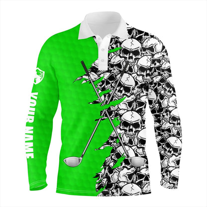 Golf Polo shirts, Mens Short Long Sleeve Golf Tops Polo Green Pattern Skull Golf Clubs Custom Golf Performance Shirts