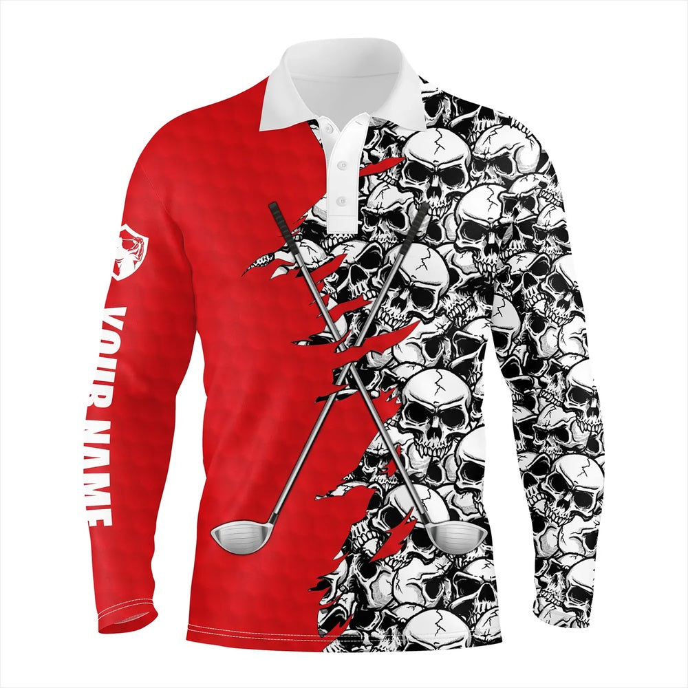 Golf Polo shirts, Mens Short Long Sleeve Golf Tops Polo Red Pattern Skull Golf Clubs Custom Golf Performance Shirts