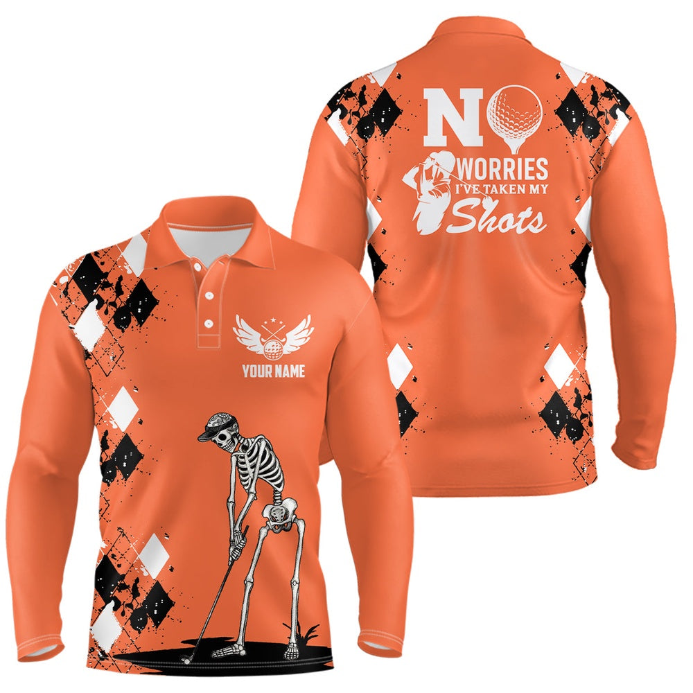 Golf Polo shirts, Mens Skull Golf Polo Shirt Argyle Pattern Orange Golf Shirts For Mens Halloween Golf Gifts