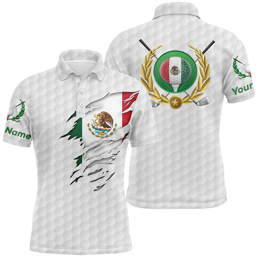 Golf Polo shirts, Mexican Flag White Golf Pattern Mens Polo Shirt Patriotic Golf Shirt For Men Mexico Golf Gifts