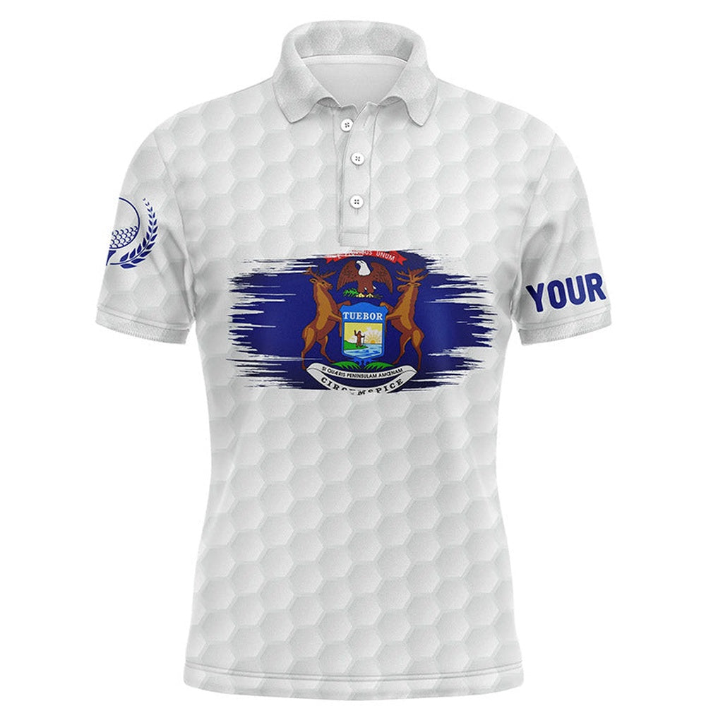 Golf Polo shirts, Michigan Flag White Golf Ball Pattern Mens Polo Shirt Custom Patriotic Golf Shirts For Men