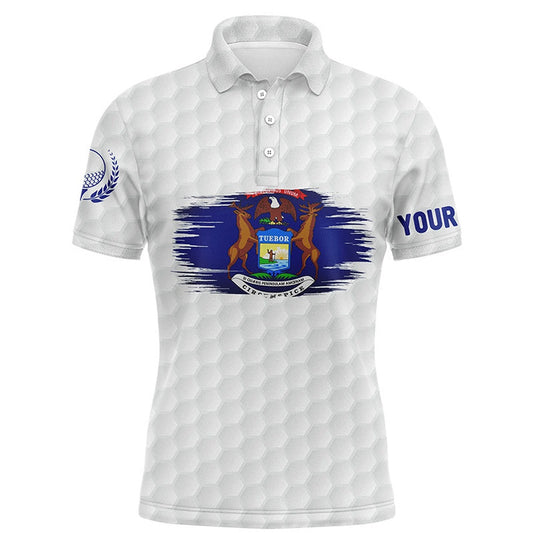 Golf Polo shirts, Michigan Flag White Golf Ball Pattern Mens Polo Shirt Custom Patriotic Golf Shirts For Men