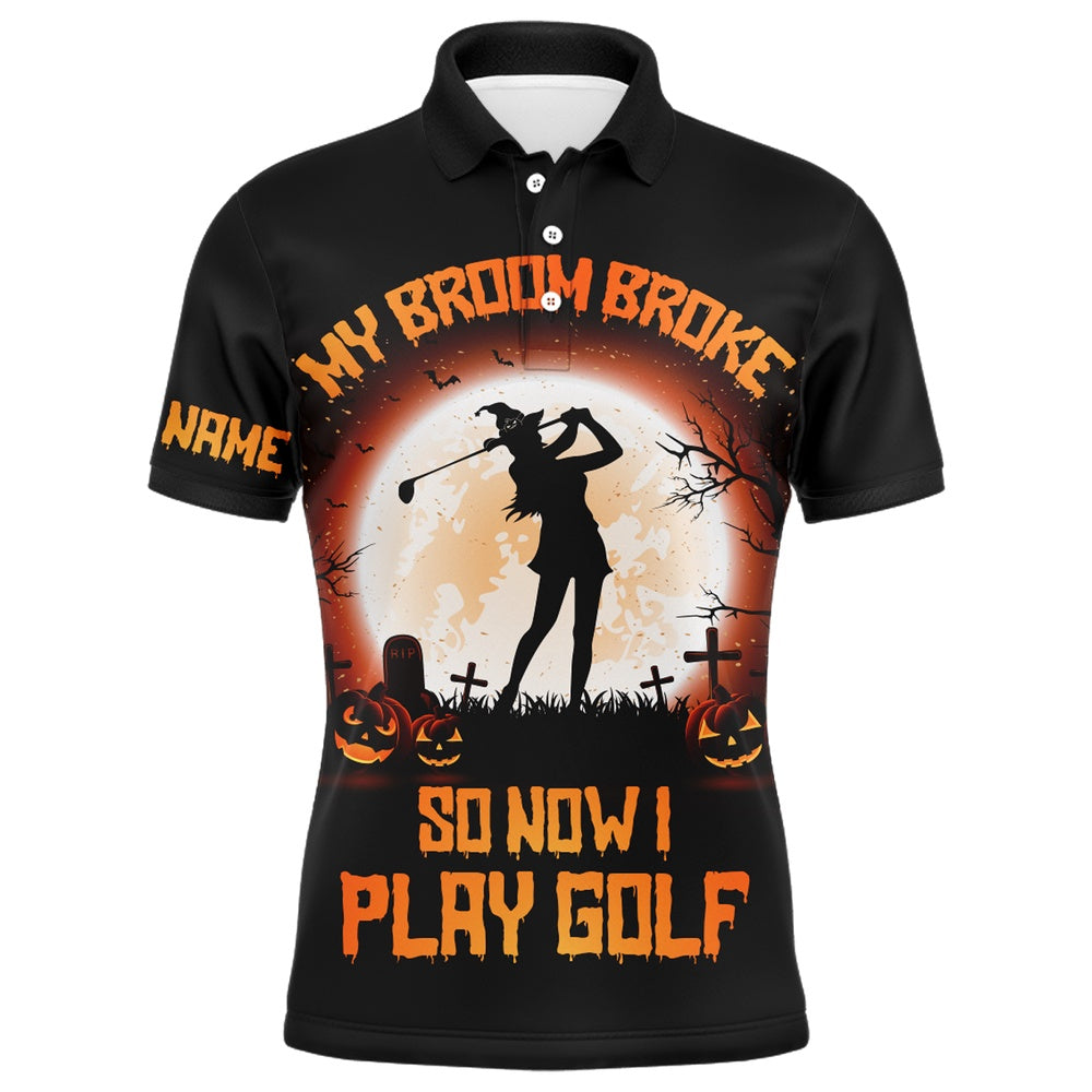 Golf Polo shirts, My Broom Broke So Now I Golf Orange Halloween Mens Polo Shirts Witch Scary Golf Gifts For Men