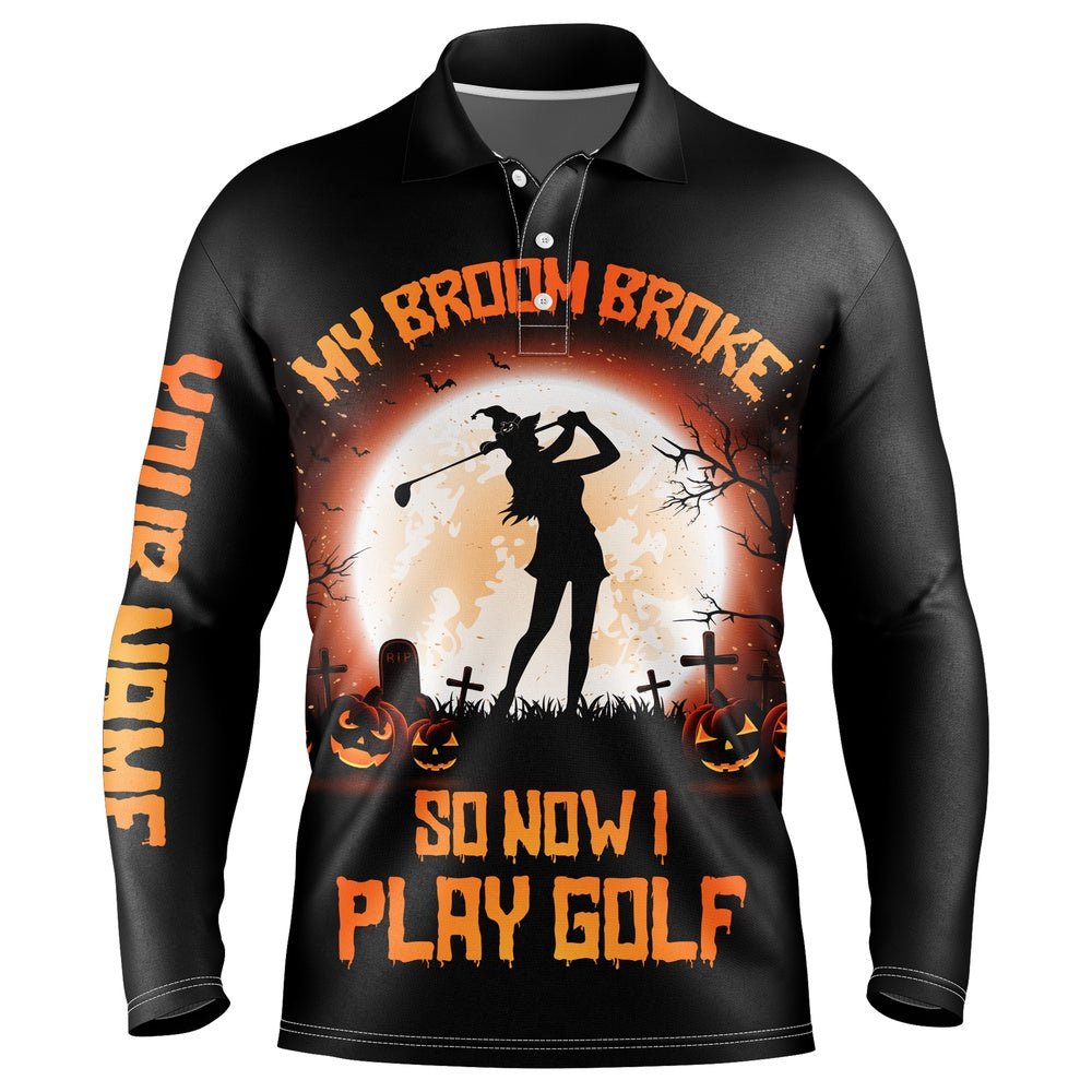 Golf Polo shirts, My Broom Broke So Now I Golf Orange Halloween Mens Polo Shirts Witch Scary Golf Gifts For Men