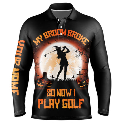 Golf Polo shirts, My Broom Broke So Now I Golf Orange Halloween Mens Polo Shirts Witch Scary Golf Gifts For Men