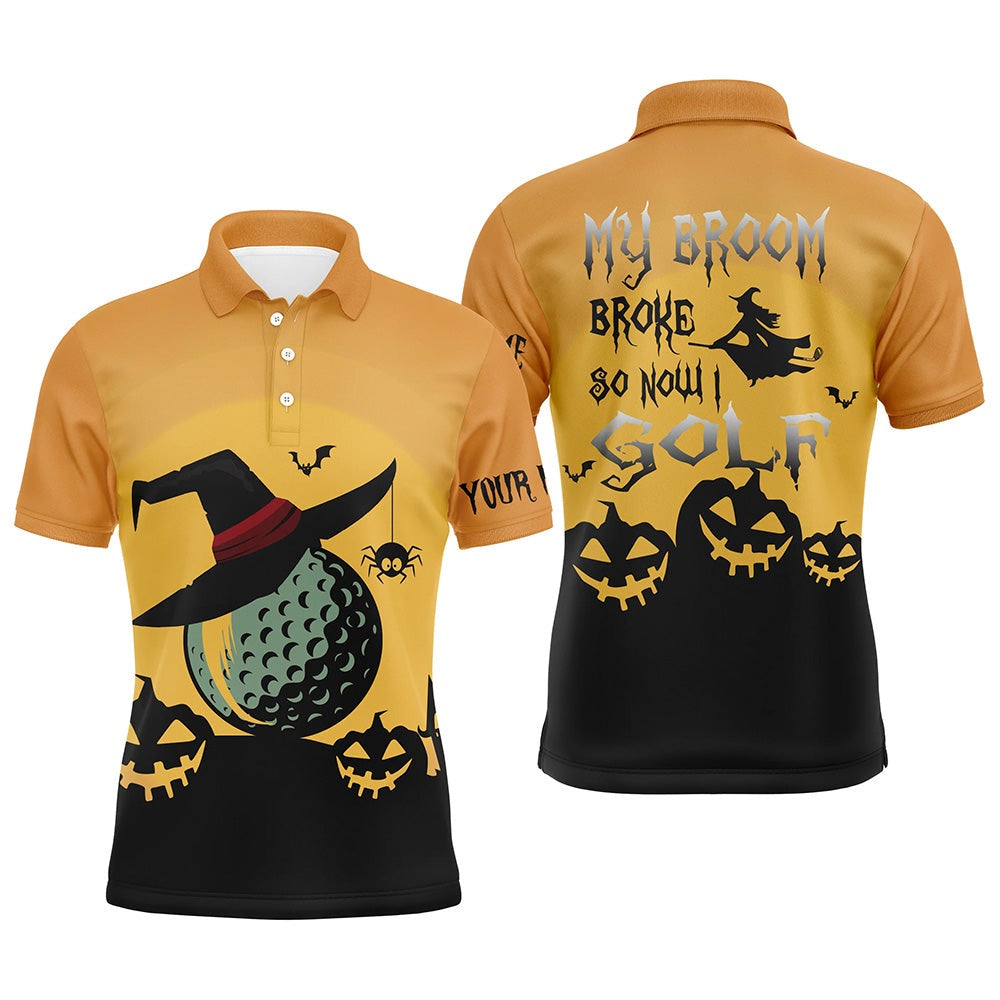 Golf Polo shirts, My Broom Broke So Now I Golf Orange Mens Halloween Polo Shirts Witch Scary Golf Gifts For Men