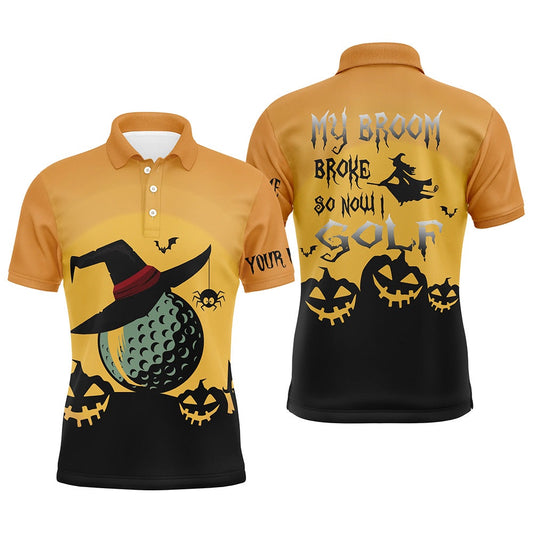 Golf Polo shirts, My Broom Broke So Now I Golf Orange Mens Halloween Polo Shirts Witch Scary Golf Gifts For Men