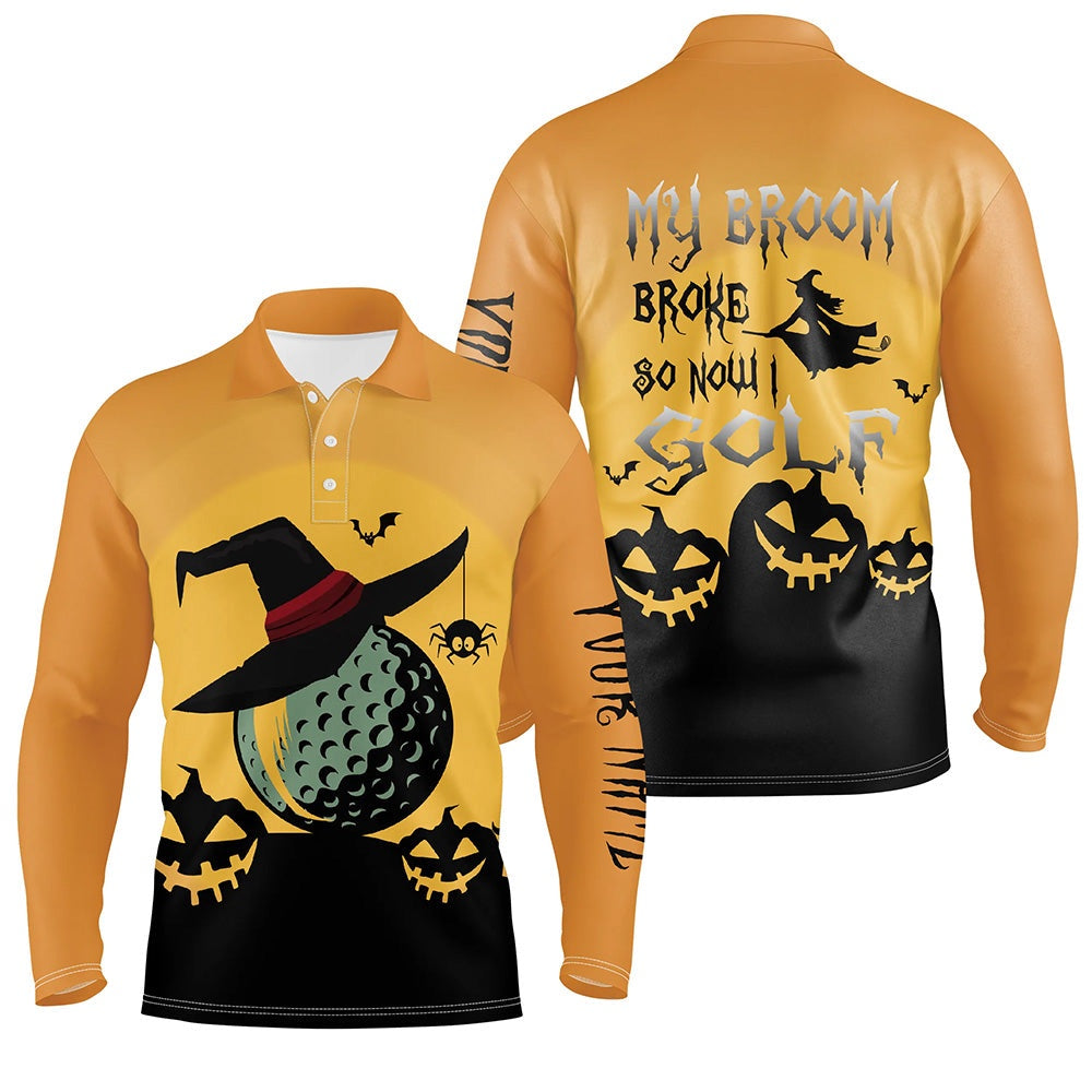 Golf Polo shirts, My Broom Broke So Now I Golf Orange Mens Halloween Polo Shirts Witch Scary Golf Gifts For Men