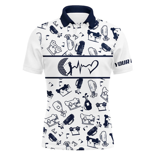 Golf Polo shirts, Navy And White Mens Love Golf Polo Shirts Funny Golf Heartbeat Tops For Men, Cool Golf Gifts
