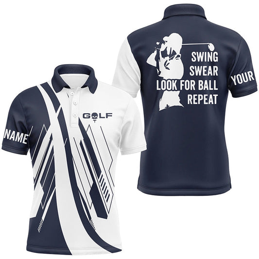 Golf Polo shirts, Navy Blue And White Mens Golf Polo Shirts Custom Swing Swear Look For Ball Repeat Golf Shirt For Mens
