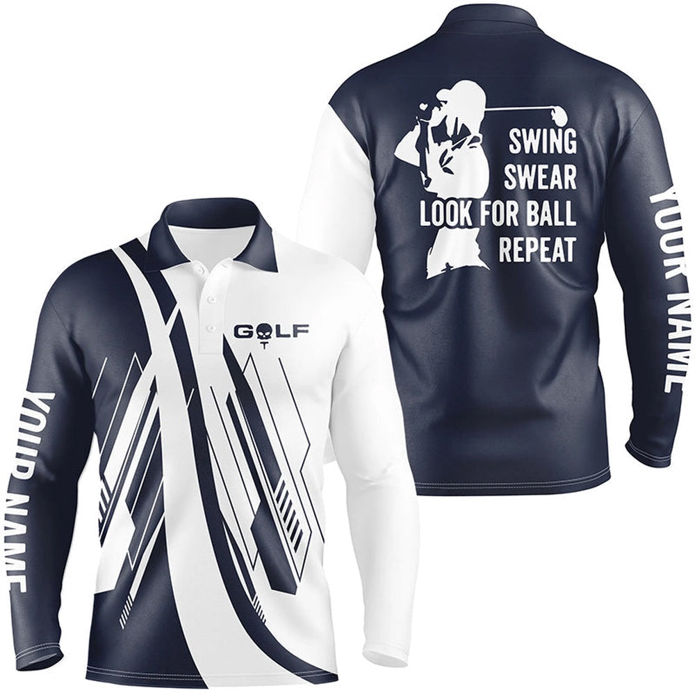 Golf Polo shirts, Navy Blue And White Mens Golf Polo Shirts Custom Swing Swear Look For Ball Repeat Golf Shirt For Mens