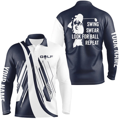 Golf Polo shirts, Navy Blue And White Mens Golf Polo Shirts Custom Swing Swear Look For Ball Repeat Golf Shirt For Mens