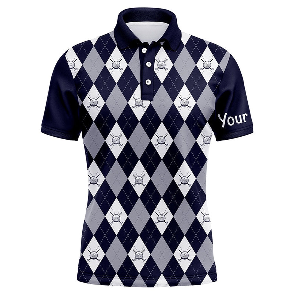 Golf Polo shirts, Navy Blue Argyle Plaid Pattern Mens Golf Polo Shirts Custom Golf Attire For Men, Men'S Golf Apparel