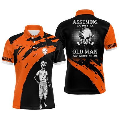 Golf Polo shirts, Orange And Black Mens Skull Golf Polo Shirts, Custom Golf Polos For Men, Halloween Golf Gifts