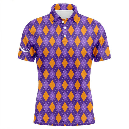 Golf Polo shirts, Orange And Purple Argyle Halloween Seamless Pattern Custom Mens Golf Polo Shirts, Golf Attire For Men