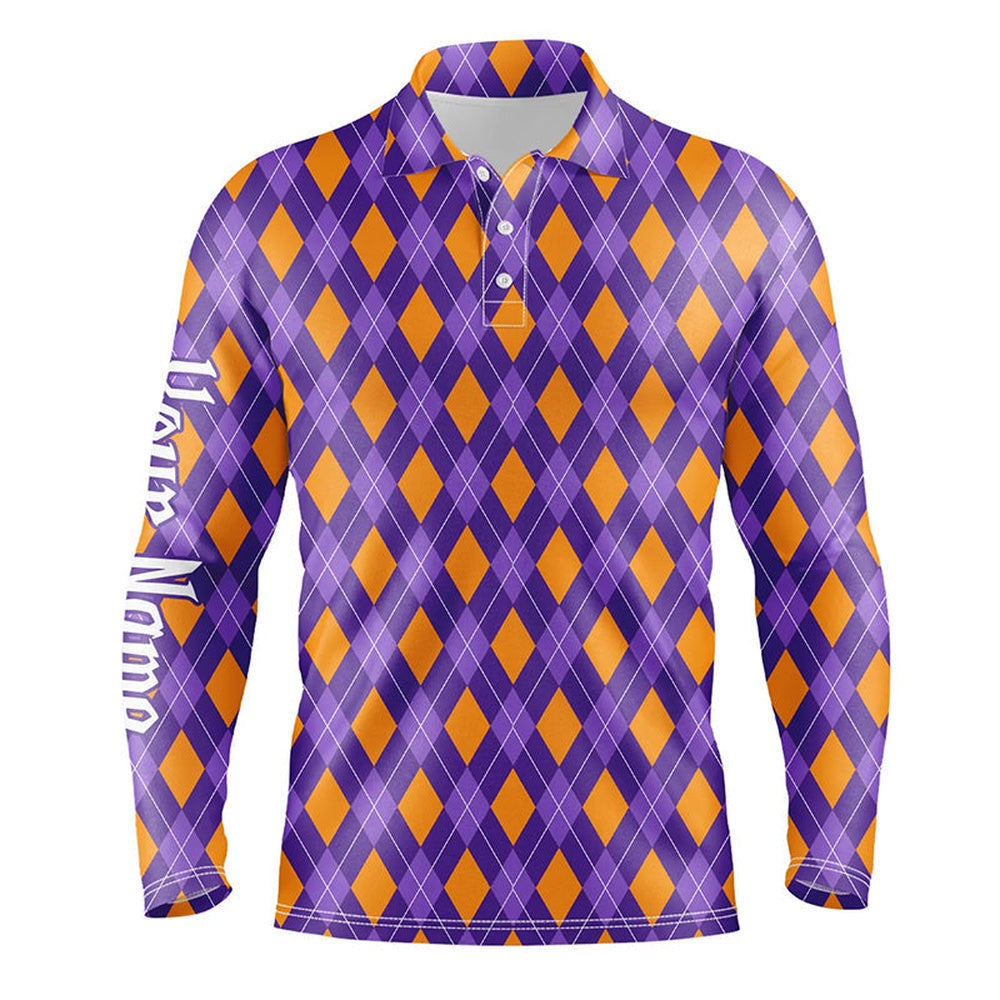 Golf Polo shirts, Orange And Purple Argyle Halloween Seamless Pattern Custom Mens Golf Polo Shirts, Golf Attire For Men