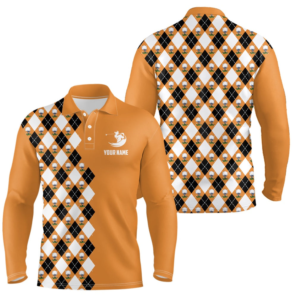 Golf Polo shirts, Orange Argyle Pattern Mens Golf Polo Shirts Personalized Cool Golf Shirts For Men Golf Gifts