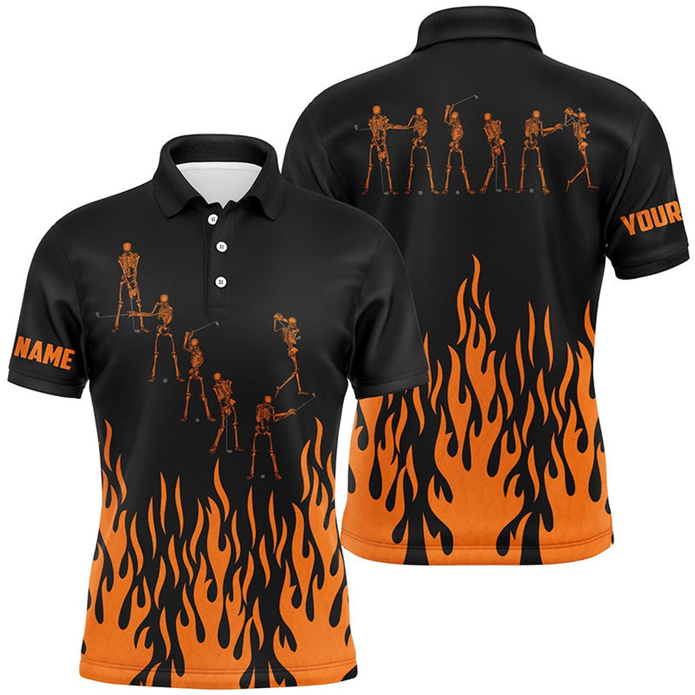 Golf Polo shirts, Orange Flame Golf Skeleton Custom Black Mens Golf Polo Shirts, Halloween Black Mens Golf Shirt