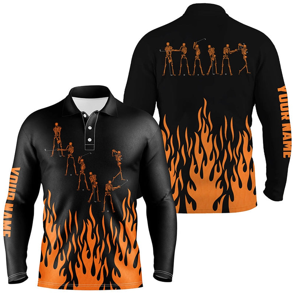 Golf Polo shirts, Orange Flame Golf Skeleton Custom Black Mens Golf Polo Shirts, Halloween Black Mens Golf Shirt