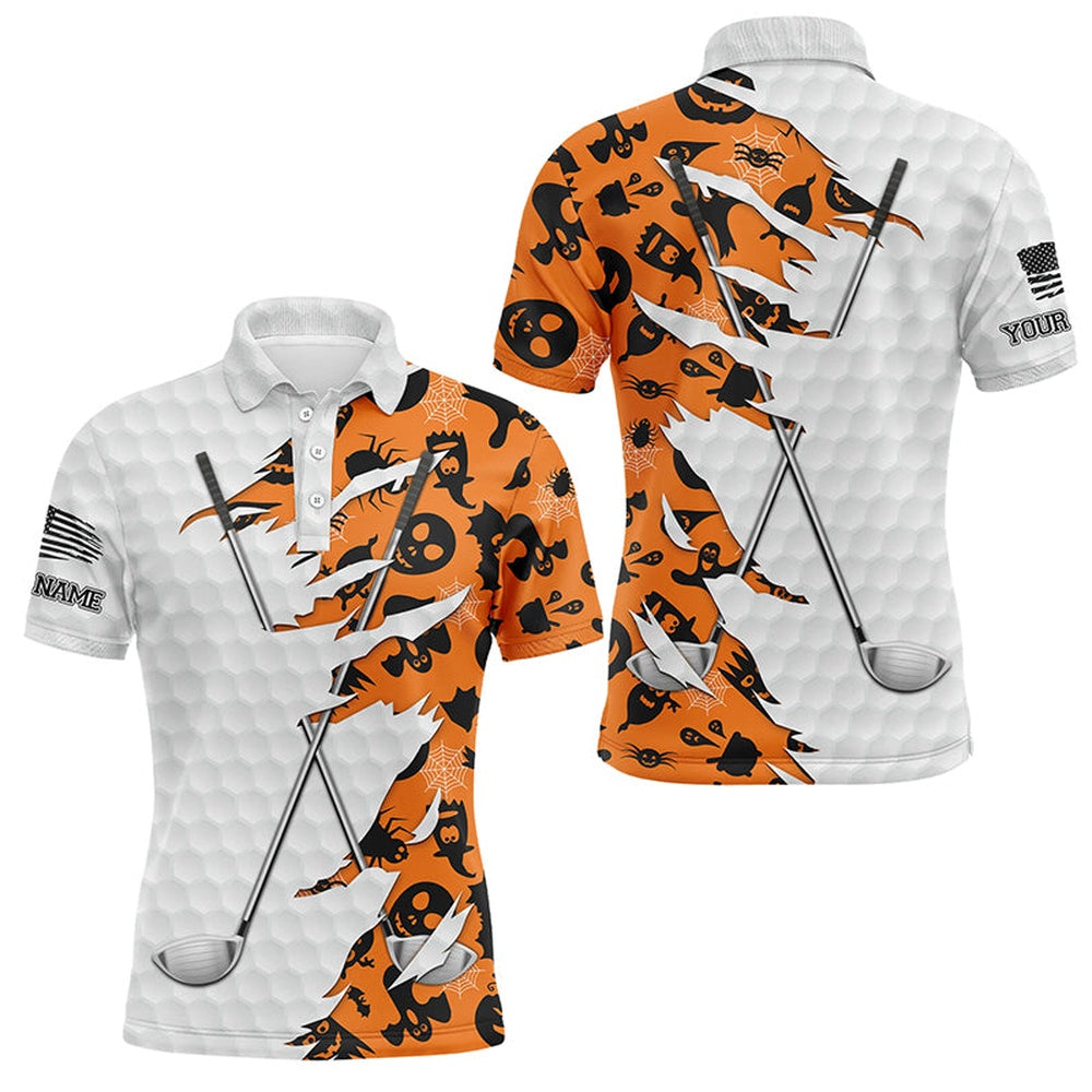 Golf Polo shirts, Orange Halloween Golf Pattern White Golf Ball Skin Men Golf Polo Shirts Custom Golf Clubs Outfit Men