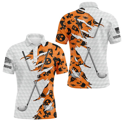 Golf Polo shirts, Orange Halloween Golf Pattern White Golf Ball Skin Men Golf Polo Shirts Custom Golf Clubs Outfit Men