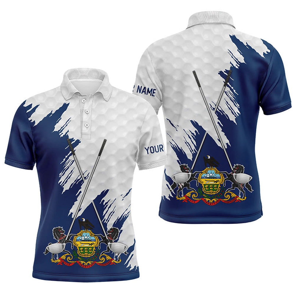 Golf Polo shirts, Pennsylvania Flag Golf Clubs Patriotic Custom Name White Mens Golf Polo Shirts, Team Mens Golf Tops
