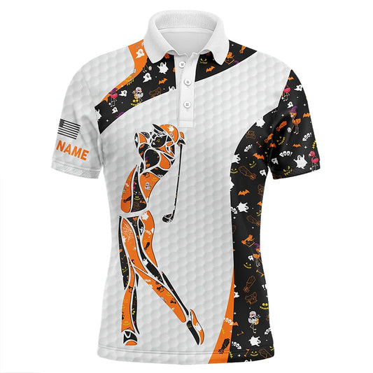 Golf Polo shirts, Personalized Black Halloween Pattern White Mens Golf Polo Shirts Custom Halloween Golf Gift