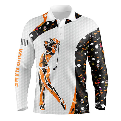 Golf Polo shirts, Personalized Black Halloween Pattern White Mens Golf Polo Shirts Custom Halloween Golf Gift