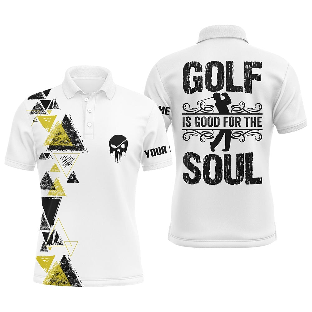 Golf Polo shirts, Personalized Black Yellow Triangle Custom White Mens Golf Polo Shirts Golf Is Good For The Soul
