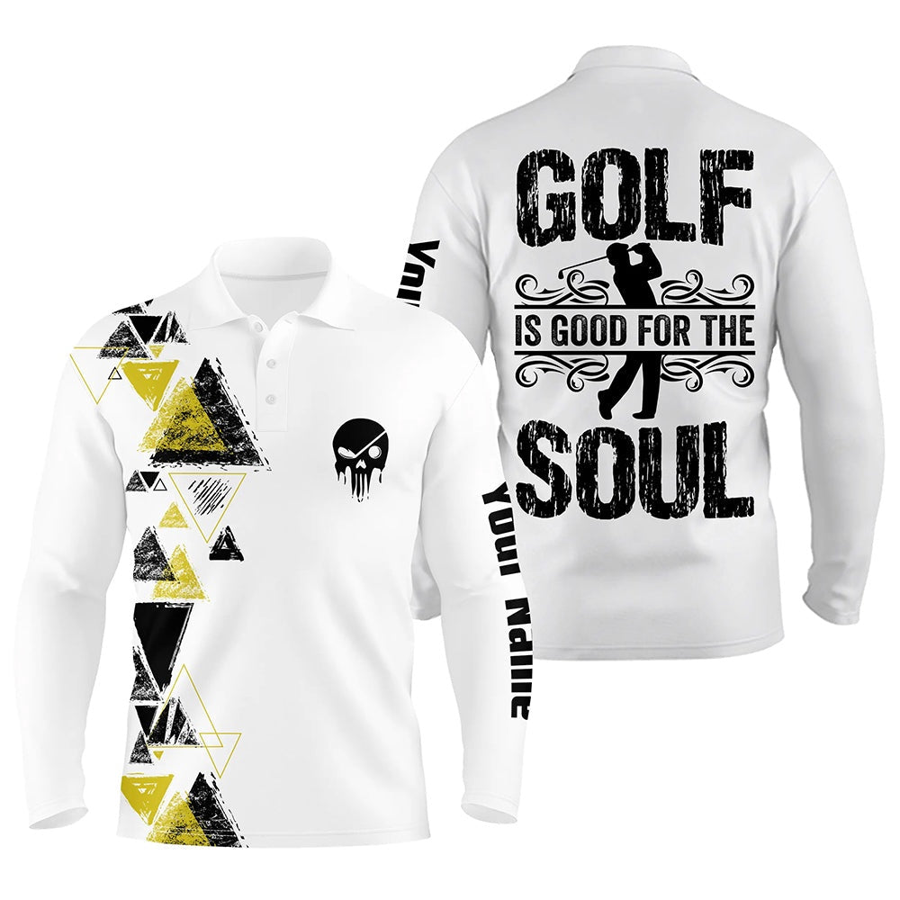 Golf Polo shirts, Personalized Black Yellow Triangle Custom White Mens Golf Polo Shirts Golf Is Good For The Soul