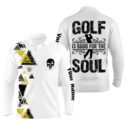 Golf Polo shirts, Personalized Black Yellow Triangle Custom White Mens Golf Polo Shirts Golf Is Good For The Soul