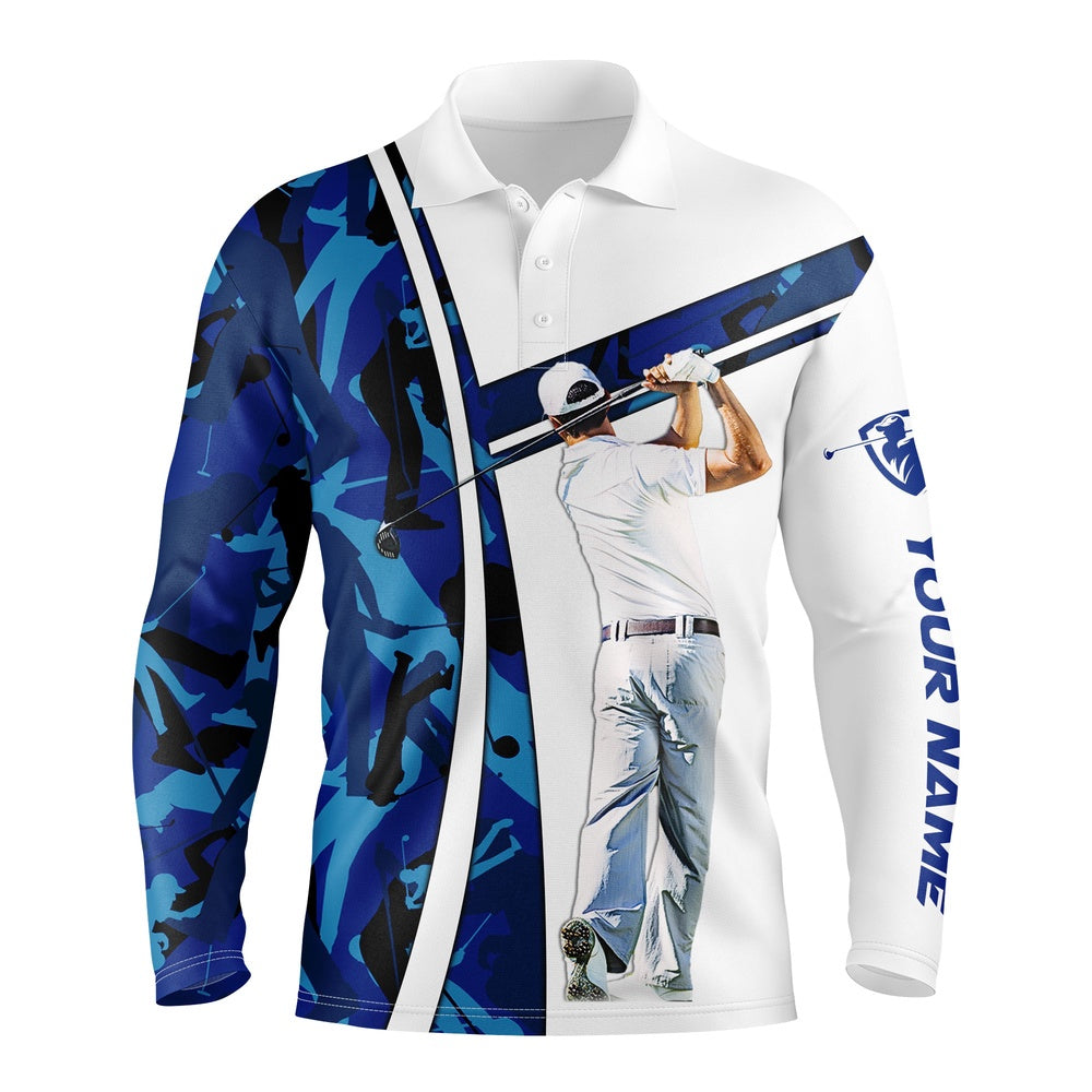 Golf Polo shirts, Personalized Blue Camo Mens Golf Polo Shirts Custom Name Golf Outfit Men Ideas For Him