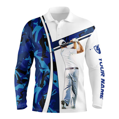 Golf Polo shirts, Personalized Blue Camo Mens Golf Polo Shirts Custom Name Golf Outfit Men Ideas For Him