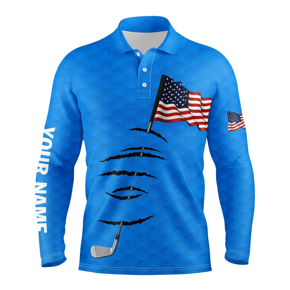 Golf Polo shirts, Personalized Blue Golf Polos Shirt For Men American Flag Th July Custom Name Gifts For Golf Lovers