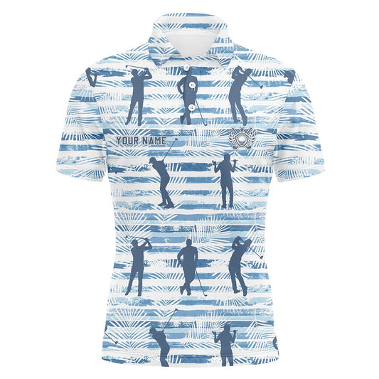 Golf Polo shirts, Personalized Blue Stripe Palm Leaves Mens Golf Polo Shirt Tropical Golf Shirts For Men Golf Gifts