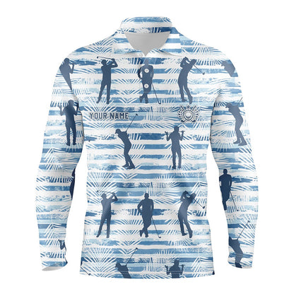 Golf Polo shirts, Personalized Blue Stripe Palm Leaves Mens Golf Polo Shirt Tropical Golf Shirts For Men Golf Gifts