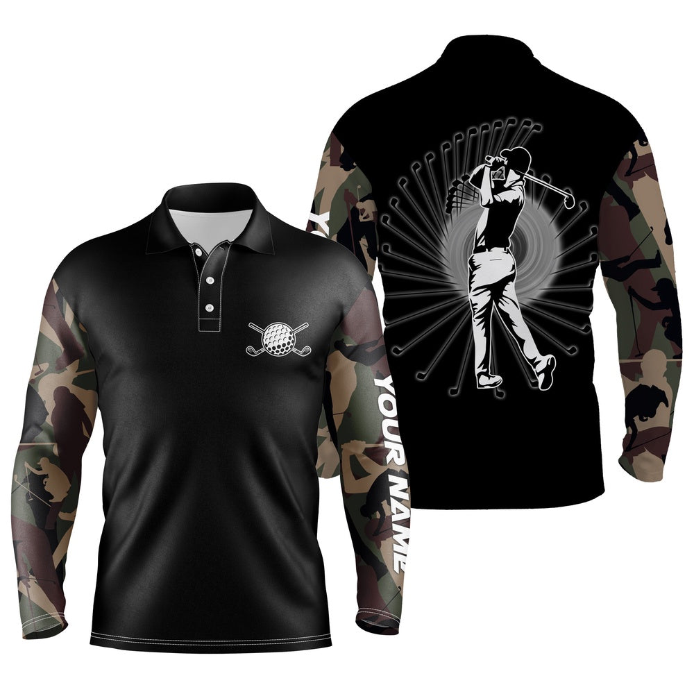 Golf Polo shirts, Personalized Camo Black Golf Polo Shirts For Men Long Sleeve Golf Shirts Cool Golf Gifts