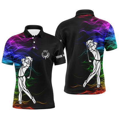 Golf Polo shirts, Personalized Colorful Rainbow Smoke Pattern Black Mens Golf Polo Shirts Custom Golf Tops For Mens